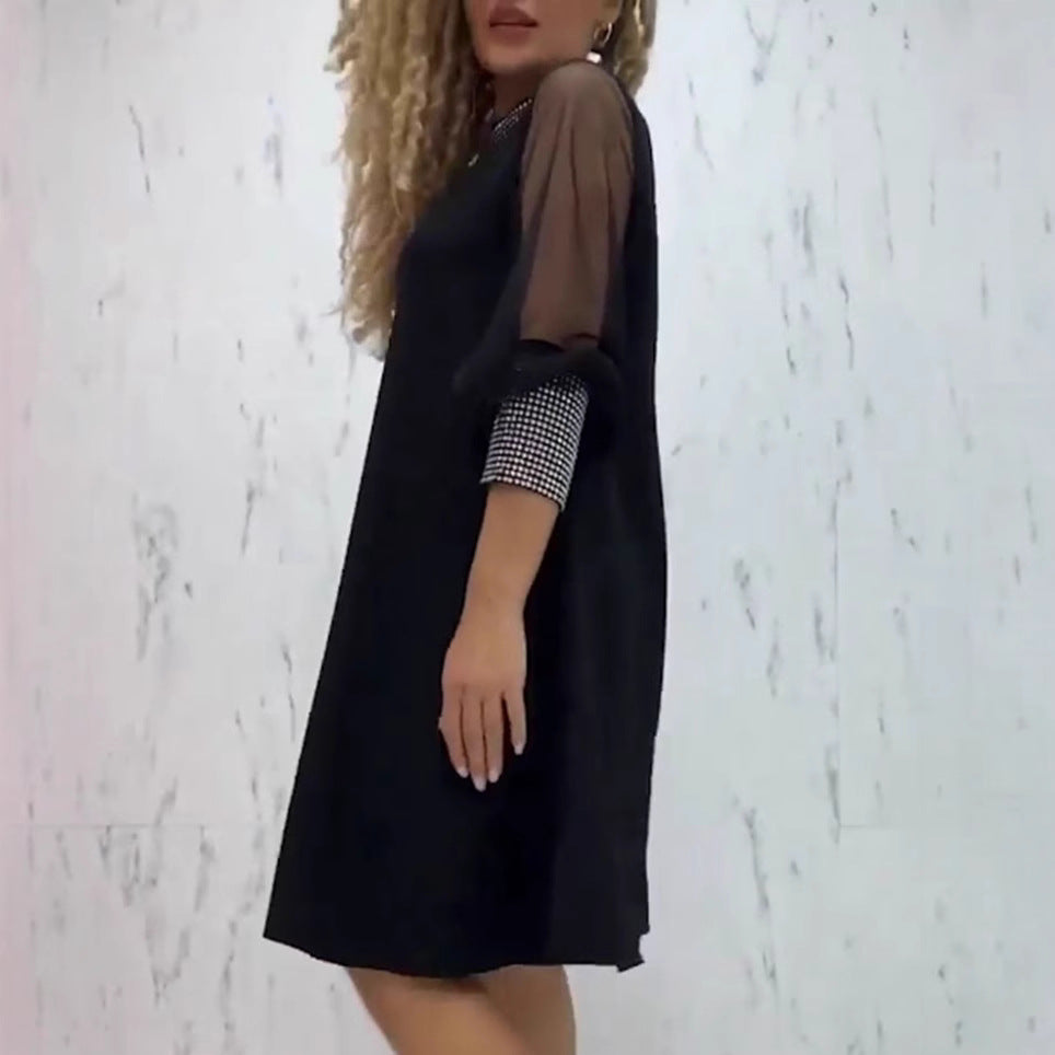Damen Kleid mit transparenten Ärmeln und funkelndem Kragen Heidi-Mode