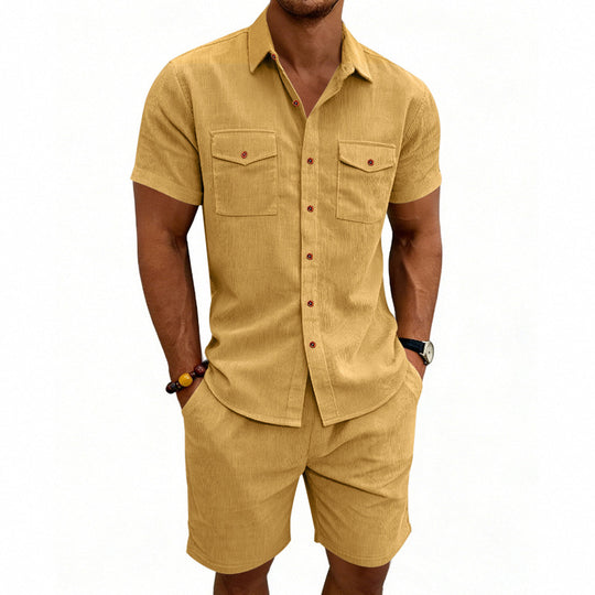 Herren nan strukturiertes Cord-Freizeitset mit Camp-Kragen-Hemd und lässigen Shorts EB