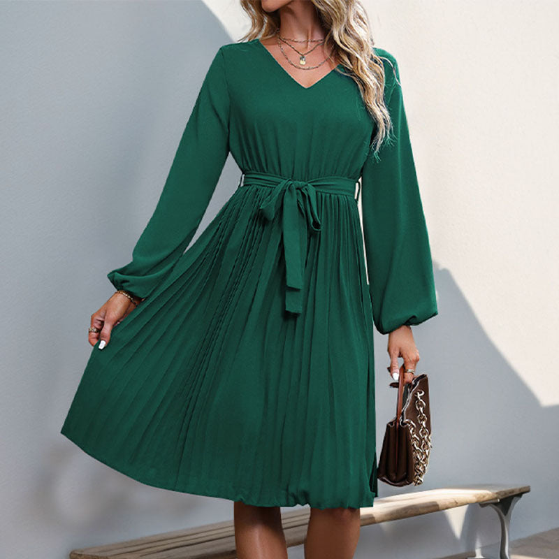 Damen Plissiertes Wickelkleid mit Taillengürtel und langen Ärmeln EB