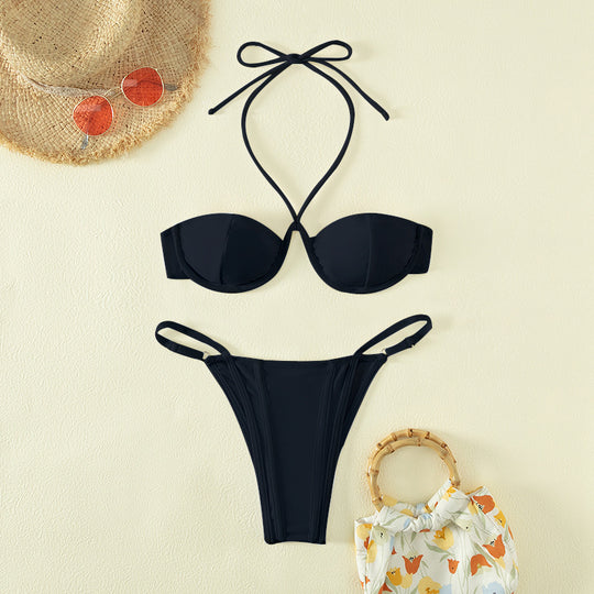 Damen Bandeau-Bikini mit stilvollem Tierdruck und raffinierter Schnürung EB