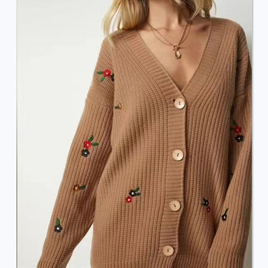 Damen Strickcardigan mit floralen Stickereien EB