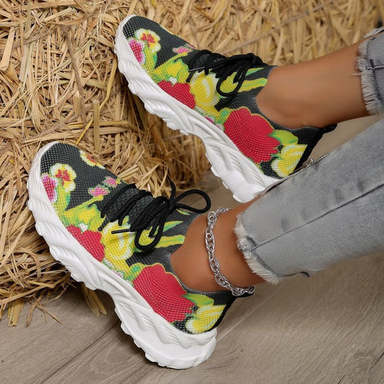Damen modische Sneakers mit floralem Design und atmungsaktiver Textiloberfläche EB