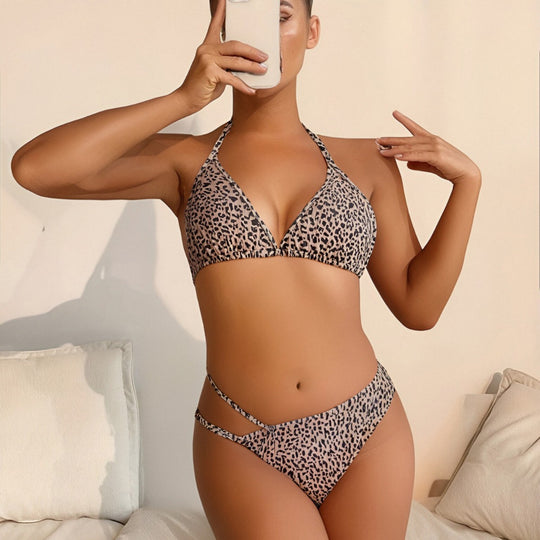 Damen Triangel-Bikini mit verstellbaren Trägern und modischem Leopardenmuster EB