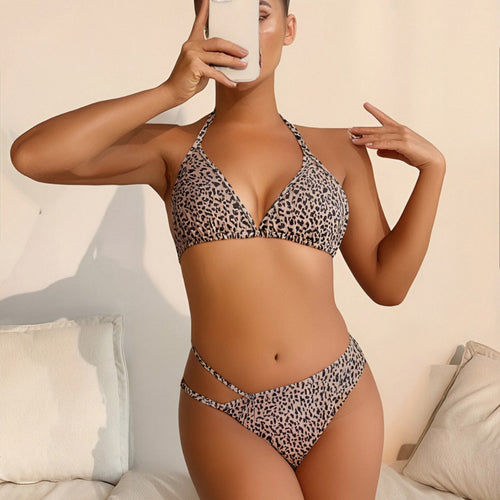 Damen Triangel-Bikini mit verstellbaren Trägern und modischem Leopardenmuster EB