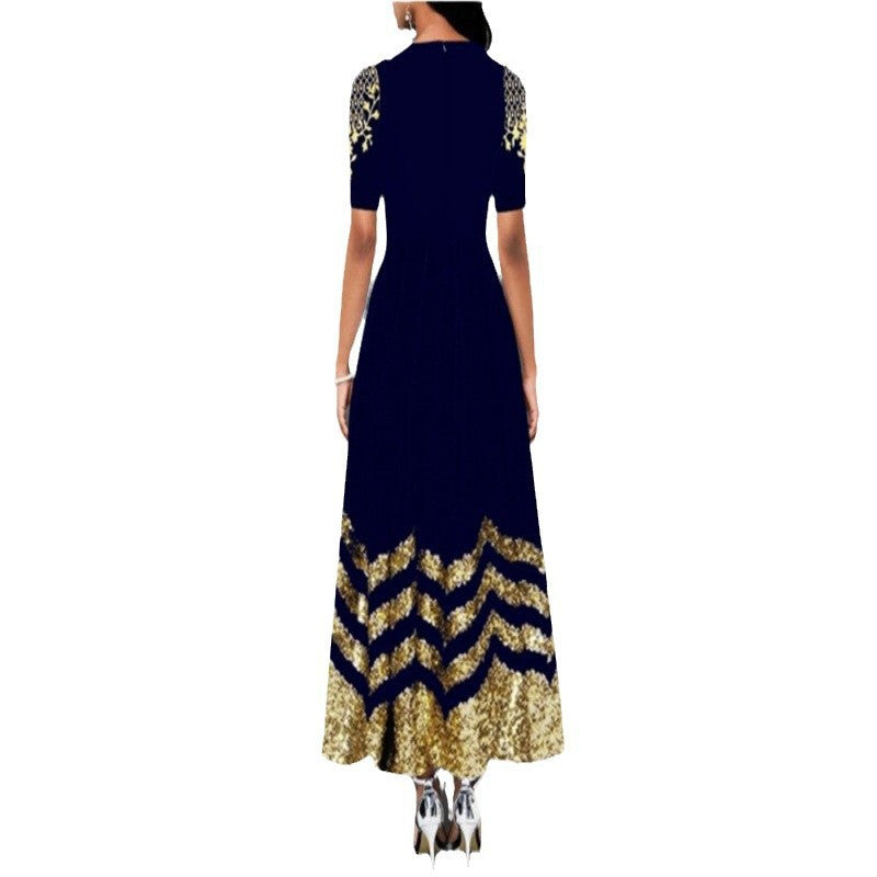 Damen Maxikleid mit kunstvollem Goldstickdesign und elegantem Zickzackmuster EB