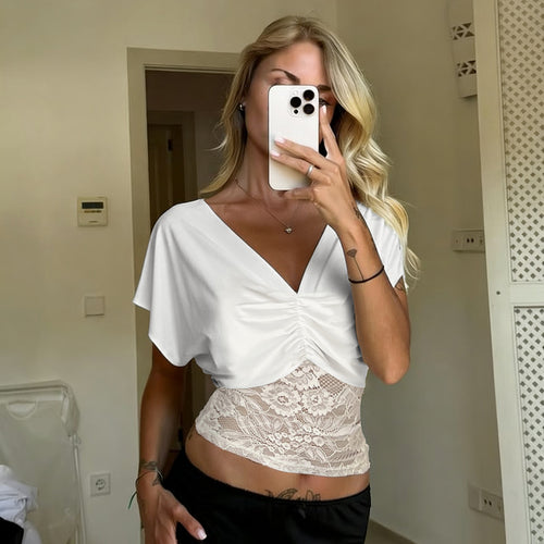 Damen elegantes Oberteil mit Spitze und Raffung EB