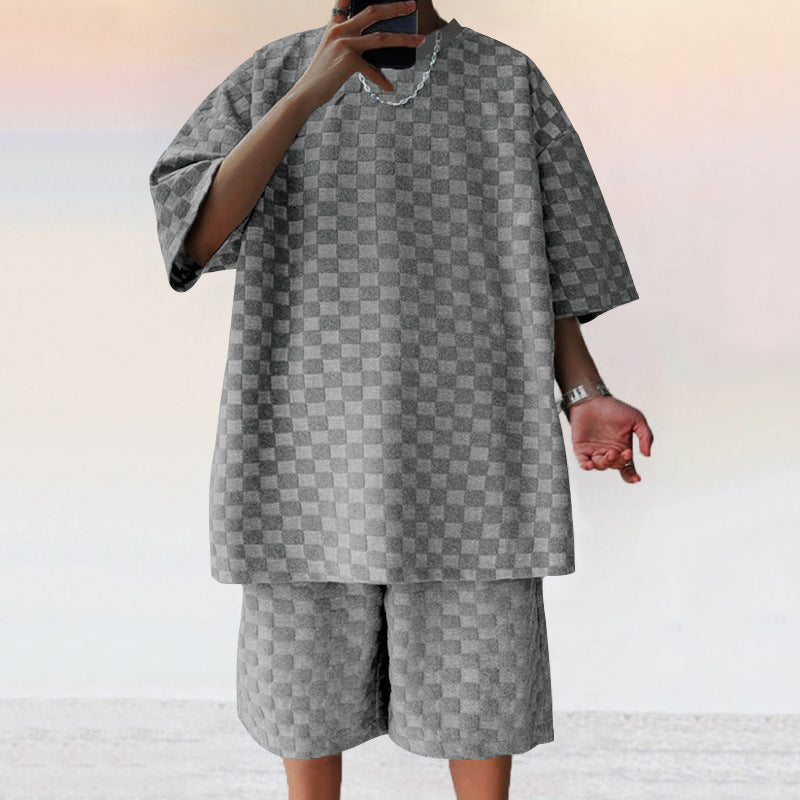 Herren nan oversized Lounge-Set mit strukturierter Waffel-Karo-Optik, Kurzarmshirt und Bermuda-Shorts EB