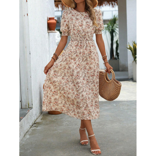 Damen Leichtes Blumendruck Maxi Kleid mit Smock-Taille EB