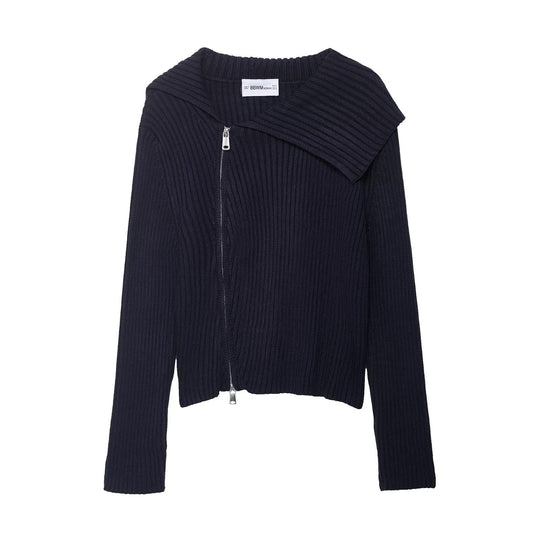 Damen stylischer Strickpullover mit asymmetrischem Kragen und Reißverschluss EB