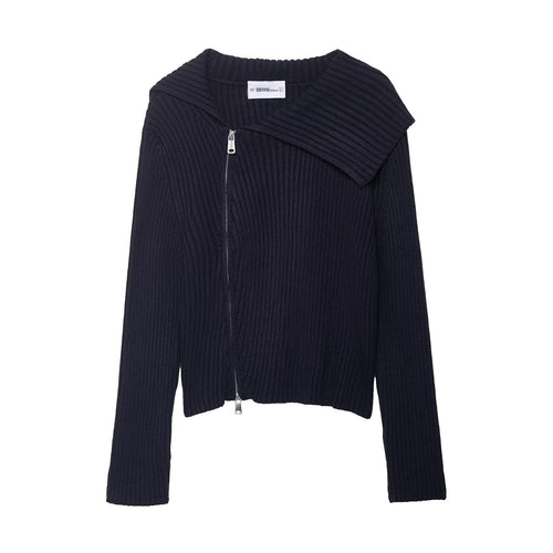 Damen stylischer Strickpullover mit asymmetrischem Kragen und Reißverschluss EB
