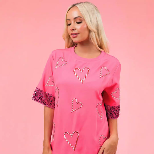 Damen Oversized T-Shirt mit Glitzer-Ärmeln und Herz-Muster EB
