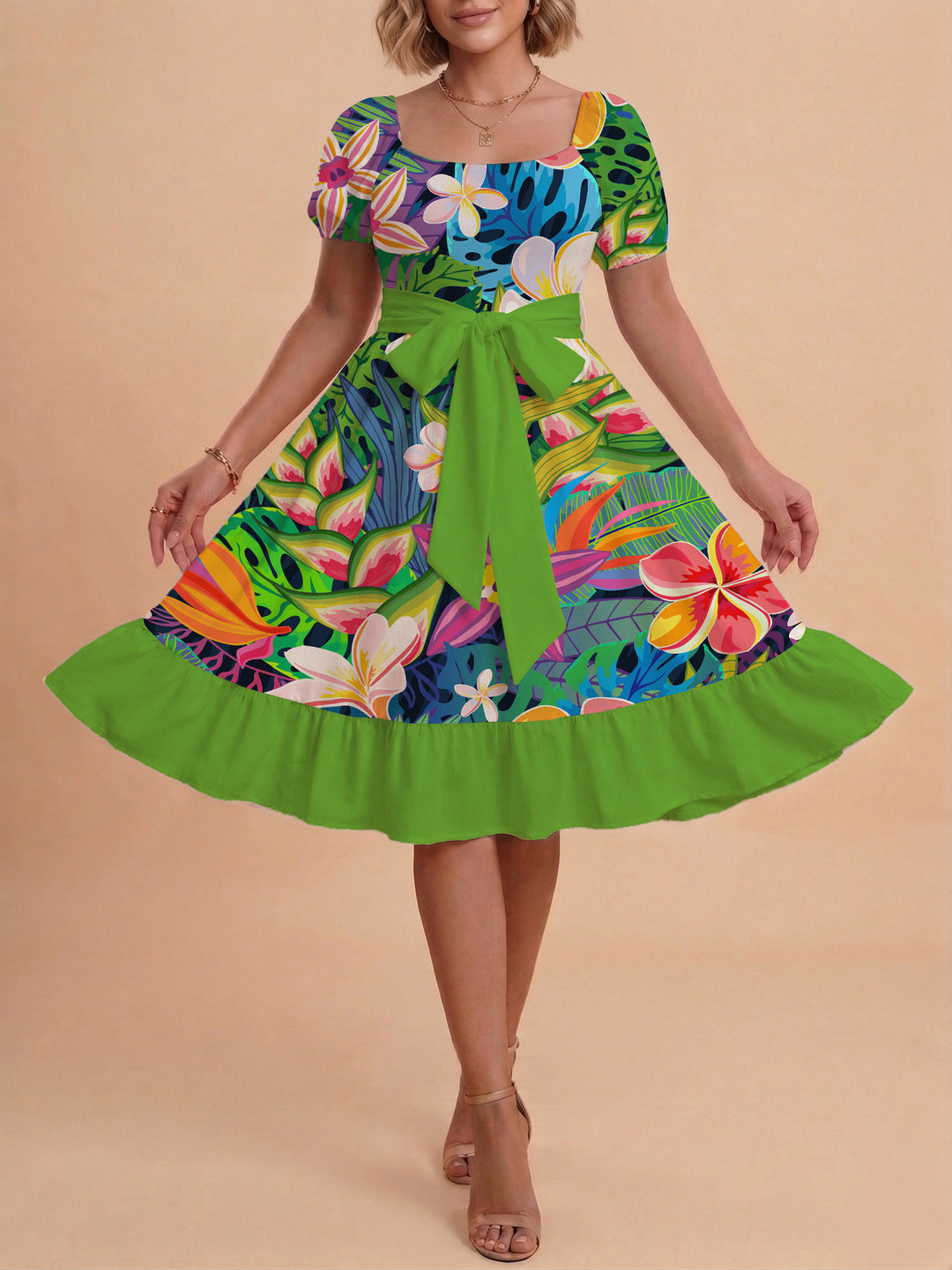 Damen modernes Blumenkleid mit elegantem Taillengürtel und asymmetrischem Saum EB