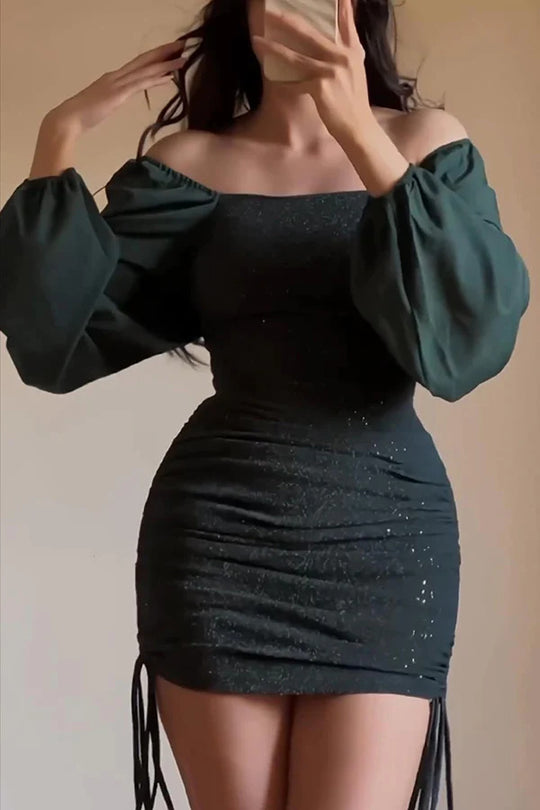 Damen Glitzer-Bodycon-Minikleid mit Quadrat-Ausschnitt, Ballonärmeln und gerafftem Saum EB