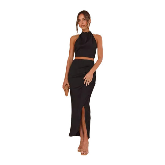 Damen Set aus Crop-Top und Hochgeschlitzt Maxirock EB