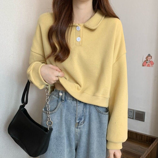 Damen Kurzarm Sweatshirt mit modischem Kragen und dekorativen Knöpfen EB