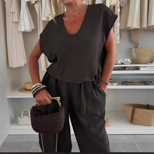 Damen lässiger Jumpsuit mit elastischem Bund und praktischen Taschen EB