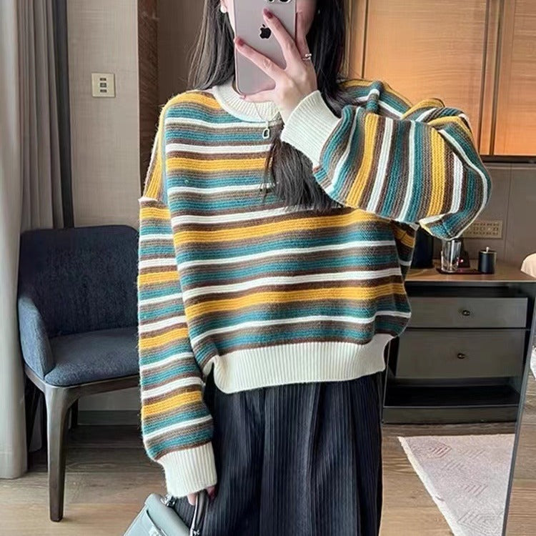 Damen gestreifter Pullover mit weitem Schnitt und modischen Details EB