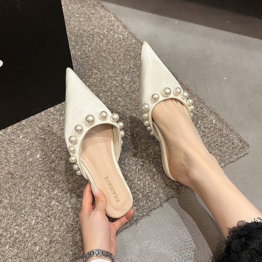 Damen Spitzen-Mules mit glänzenden Perlenverzierungen EB