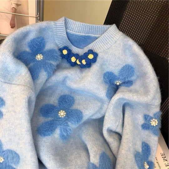 Damen Pullover mit floralem Design und Perlenapplikationen EB