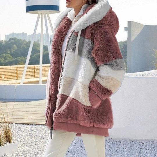 Damen nan Oversize Teddyfell-Kapuzenjacke mit Farbblock-Streifen, hochwertigem Reißverschluss und gerippten Bündchen EB