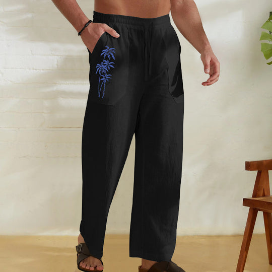 Herren Bequeme Leinenhose mit praktischem Kordelzug und Palmendruck EB