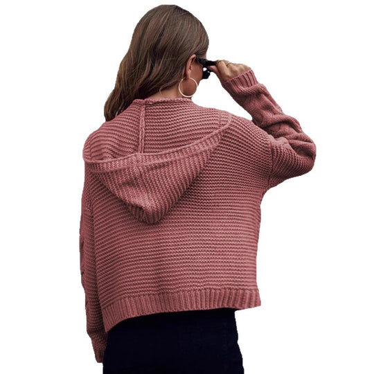 Damen Grobstrickjacke mit Kapuze und aufwendigem Zopfmuster EB