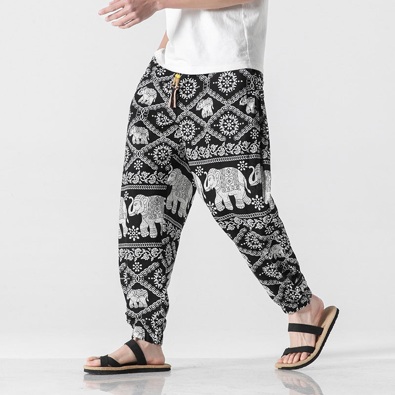 Unisex nan lässige Boho-Haremshose mit Elefantenmuster, elastischem Bund und Bündchen EB