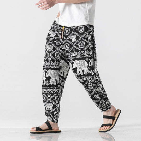 Unisex nan lässige Boho-Haremshose mit Elefantenmuster, elastischem Bund und Bündchen EB