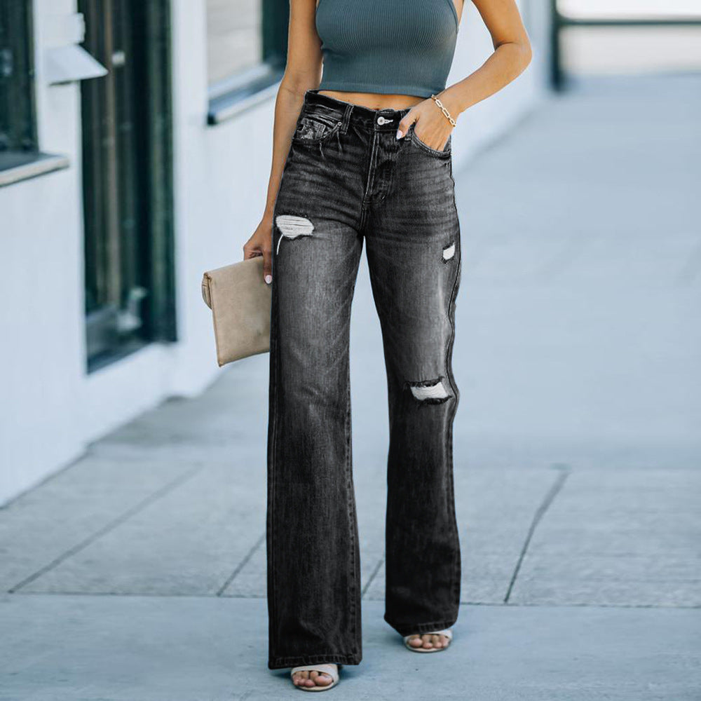 EB | Jeans Hohe Taille Lockere Passform Weite Beine Used Denim Volle Länge