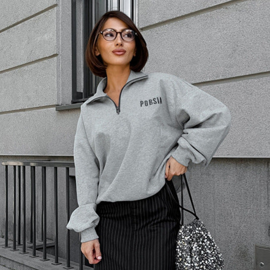 Damen Oversized Sweatshirt mit Stehkragen und gesticktem Logo EB