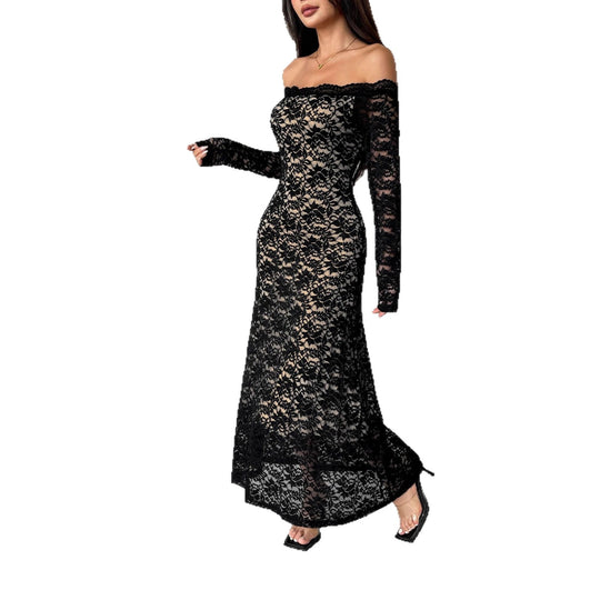 Damen nan schulterfreies Spitzenmidikleid mit feiner floraler Spitze, gefütterter Innenlage und tailliertem Schnitt EB