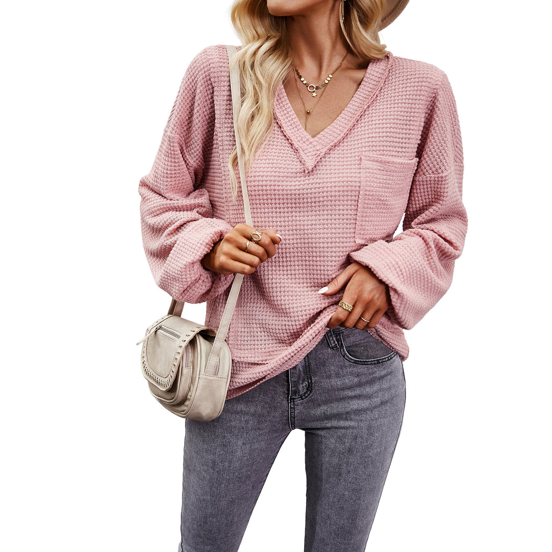 Damen nan Waffelstruktur V‑Neck Pullover mit aufgesetzter Brusttasche und überschnittenen Ärmeln EB