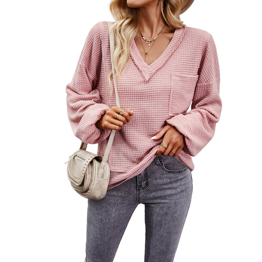 Damen nan Waffelstruktur V‑Neck Pullover mit aufgesetzter Brusttasche und überschnittenen Ärmeln EB