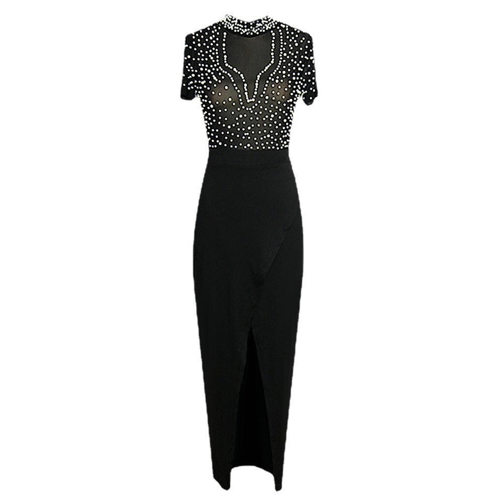 Damen elegantes Maxikleid mit transparentem Oberteil und schimmernden Perlen EB