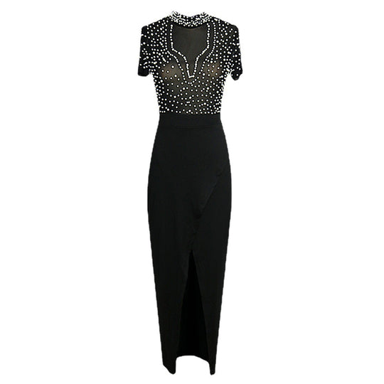 Damen elegantes Maxikleid mit transparentem Oberteil und schimmernden Perlen EB