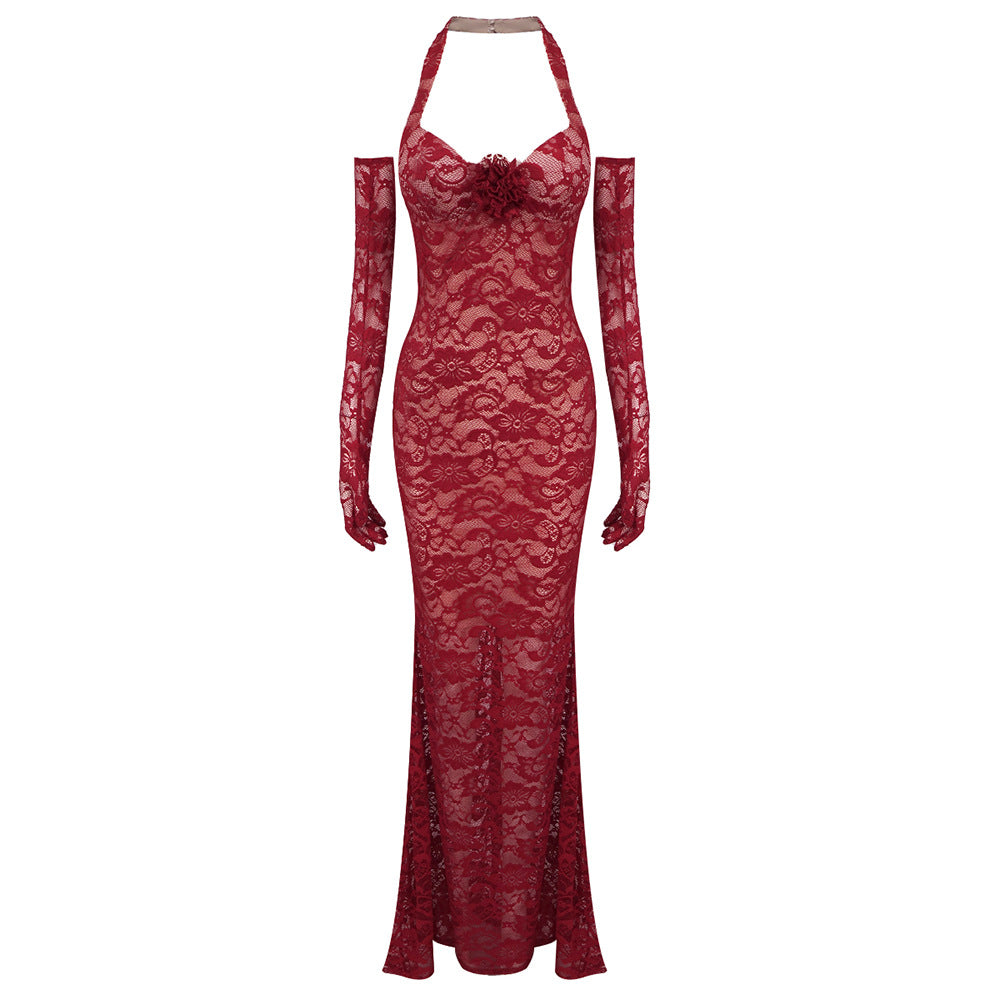 Damen Elegantes Spitzenkleid mit Langärmeln und Blumenapplikationen EB
