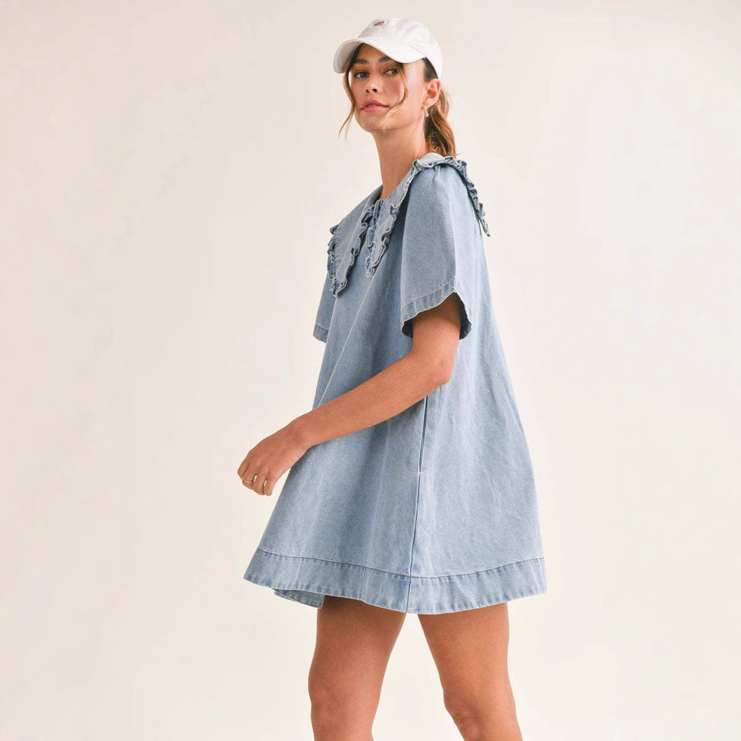 Damen Denim Kleid mit verspieltem Rüschenkragen EB