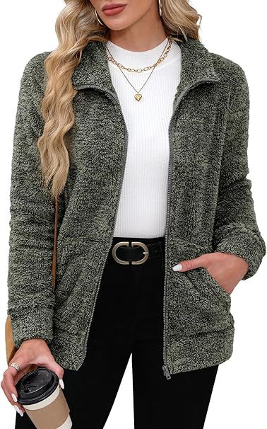 Damen nan kuschelige Teddy-Fleecejacke mit durchgehendem Reißverschluss, Stehkragen und seitlichen Eingrifftaschen EB