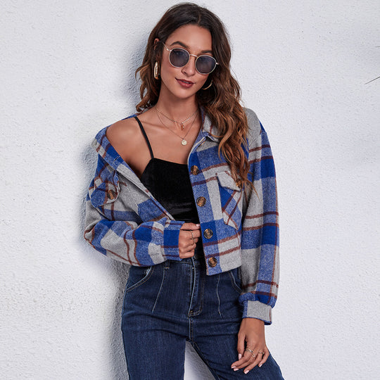 Damen Karierte Short-Jacke mit zwei aufgesetzten Taschen und Knopfdetails EB