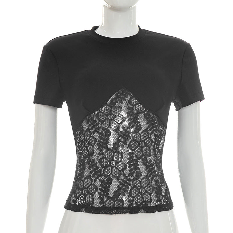 Damen Elegantes Oberteil aus Spitze und Jersey EB