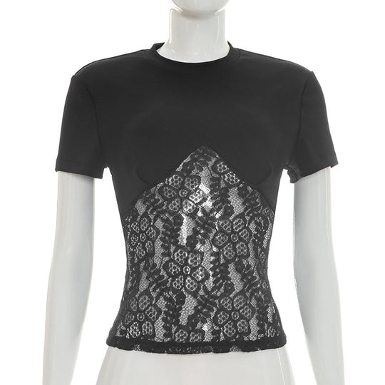 Damen Elegantes Oberteil aus Spitze und Jersey EB