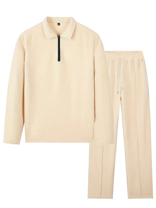Unisex nan Waffelstruktur Freizeit-Set mit Halbzip-Poloshirt und elastischer Bundhose EB