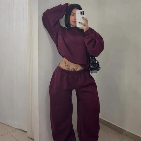Damen Cropped-Sweatshirt mit hohem Rundhalsausschnitt und elastischer Tunnelzug Wide-Leg Jogginghose Set Eichborn Berlin