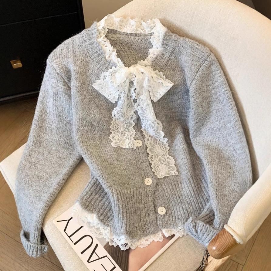 Damen Strickcardigan mit Lagenlook und Spitzenkragen EB