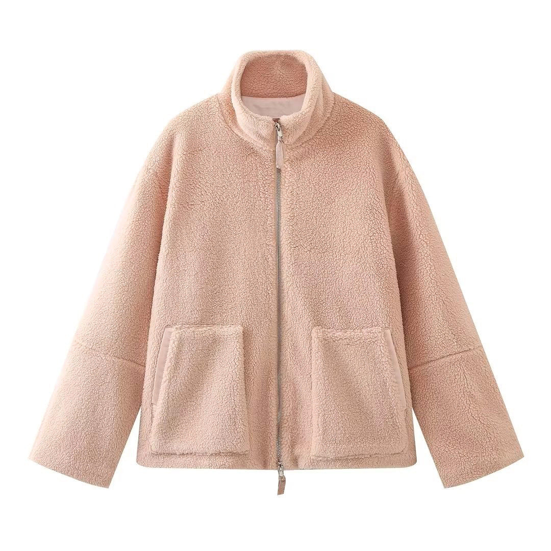 Damen Oversize Teddy-Fleecejacke mit Stehkragen und aufgesetzten Taschen EB