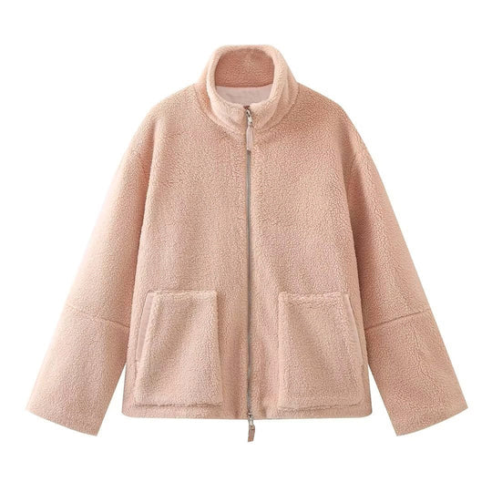 Damen Oversize Teddy-Fleecejacke mit Stehkragen und aufgesetzten Taschen EB