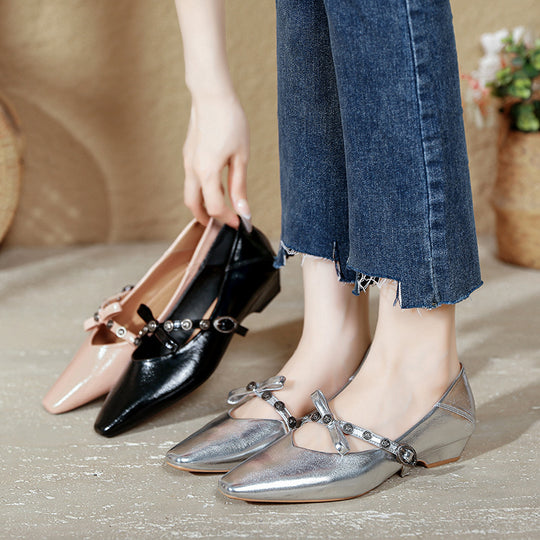 Damen spitze Ballerinas mit verziertem Riemen und edler Schleifenapplikation EB