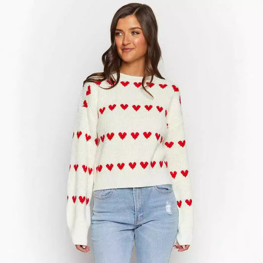Damen Strickpullover mit Herzmuster und lässigem Schnitt EB