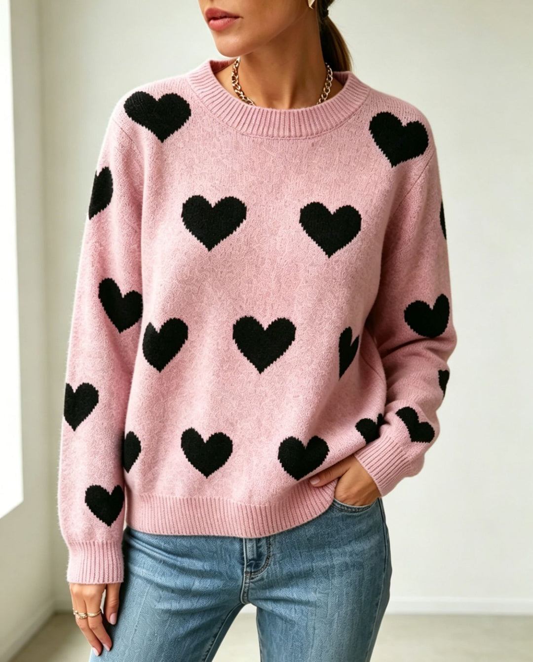 Damen Herz-Intarsien Rundhalspullover mit lässiger Oversize-Passform EB