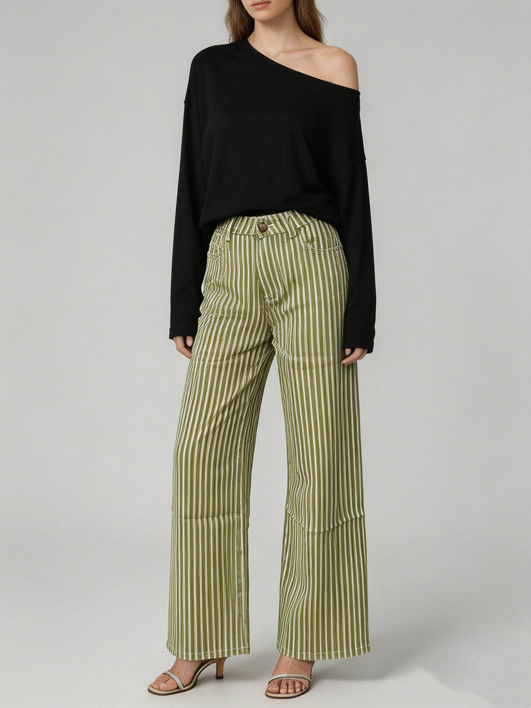 Damen nan weite High-Waist Palazzohose mit vertikalen Streifenoptik und abgesteppten Kniepartien EB